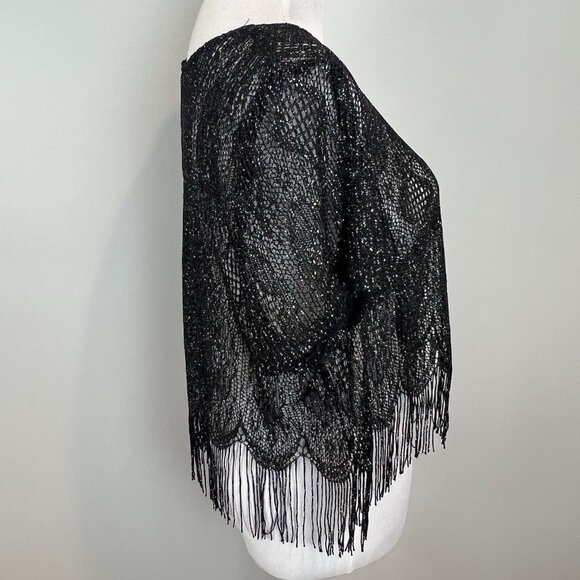 Women’s Large Black Navy Glitter Crochet Mesh Crop Top Short Sleeve Shirt - Picture 5 of 10